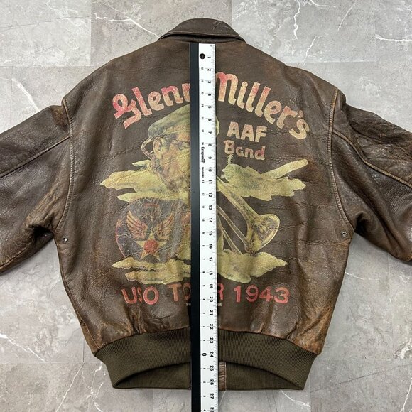 Vintage Avirex Jacket Mens Small Leather Bomber Coat Glenn Miller AAF Band USO - Picture 15 of 16